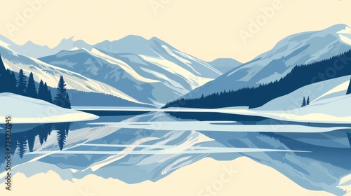  a lake surrounded by snow covered mountains with trees in the foreground and a lake in the foreground with a reflection of the snow covered mountains in the water.