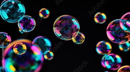  a group of soap bubbles floating on top of a black surface with multicolored bubbles floating on top of each other in front of a black background of a black backdrop.
