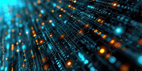 Futuristic data techno binary code neon glowing background. Digital artwork. Reflections and ceiling. Virtual matrix 3D background, representation for business