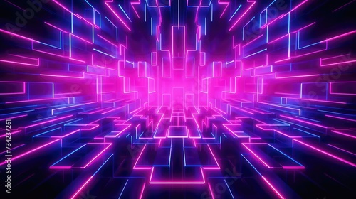 Futuristic abstract techno Sci-fi neon glowing lines background. Digital artwork. Reflections on the floor and ceiling. Virtual 3D background, representation for business
