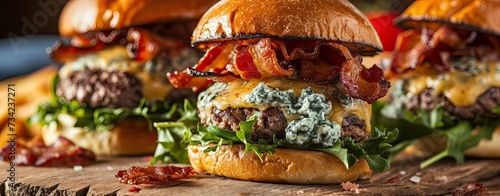 tasty american burgers on wooden table with blue cheese and bacon