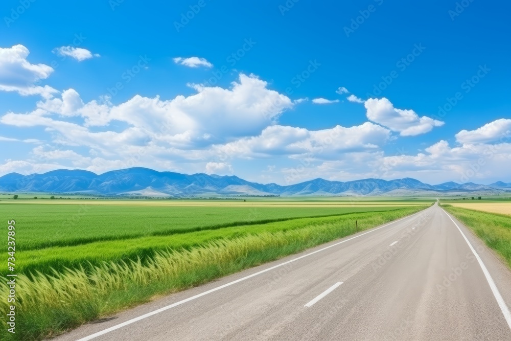 A serene motorway surrounded by majestic mountains in the vibrant glow of a sunny day A serene motorway surrounded by majestic mountains in the vibrant glow of a sunny day