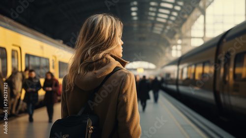 Young woman waiting for a train at the station. Blurred background