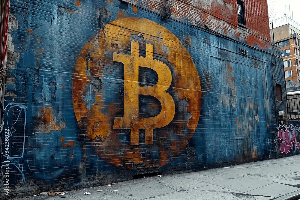 Naklejka premium A large-scale mural of the Bitcoin logo, painted on a city wall in the Street Art style