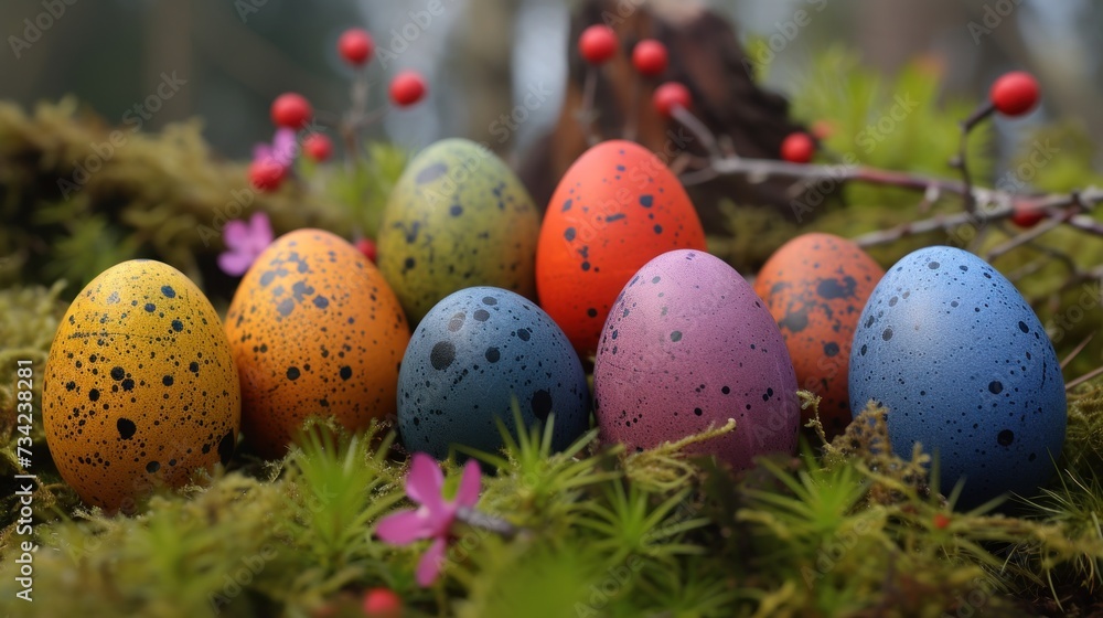 a group of painted eggs sitting on top of a moss covered ground next to a branch with red berries on it and a pink flower in the center of the picture. a group of painted eggs sitting on top of a moss covered ground next to a branch with red berries on it and a pink flower in the center of the picture.