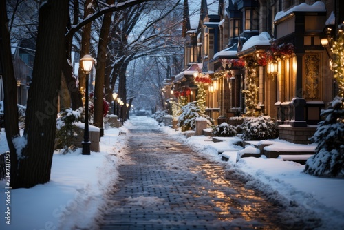 Snow falling into street illuminated by Christmas lights., generative IA