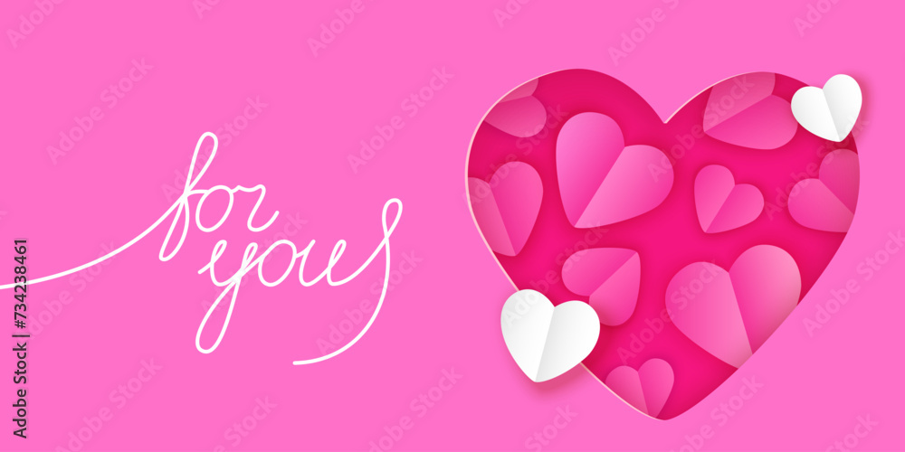 Pink heart with hearts on a pink background. Greeting banner in digital craft style.
