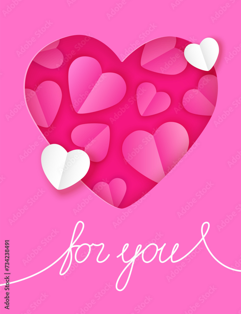 Pink heart with hearts on a pink background. Greeting card in digital craft style.