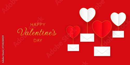 Letters with hearts on a red background. Greeting banner in digital craft style.