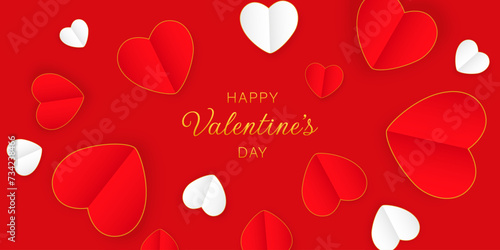 White and red hearts on a red background for Valentine's Day. Greeting banner in digital craft style.
