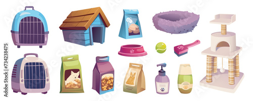 Pet shop mega set in cartoon graphic design. Bundle elements of cats and dogs care items, carriers, kennel, foods, bowl, shampoo, toys, house with scratching post. Vector illustration isolated objects