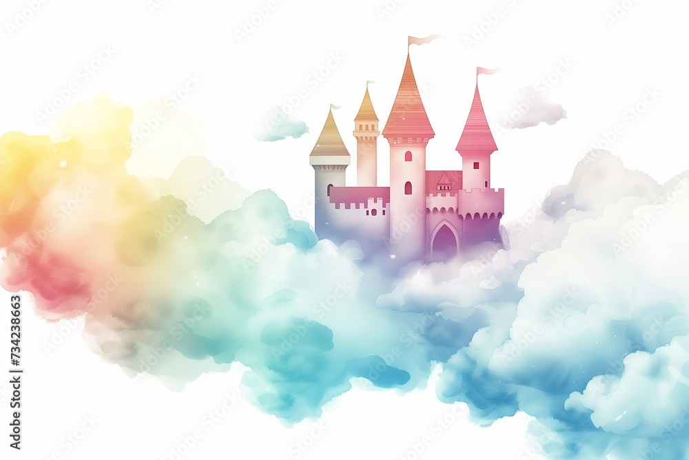Fototapeta premium Dreamy Fantasy Castle Floating Amongst the Clouds in a Pastel Sky – Ideal for Fairy Tales, Dreamscapes, and Magical Themes