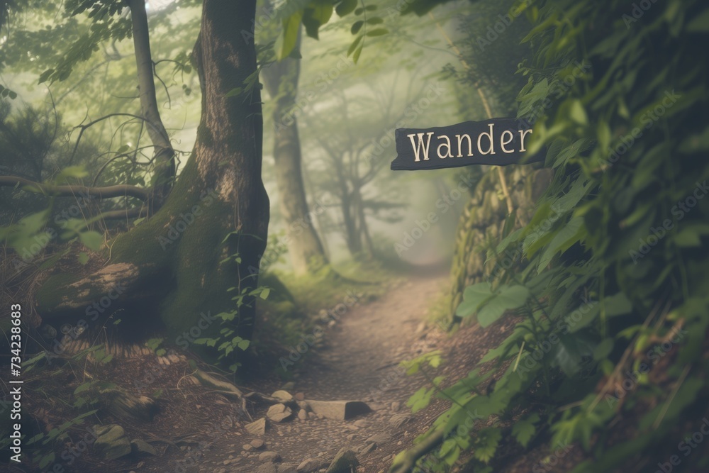 Enigmatic Forest Path with a 'Wander' Sign Among Misty Trees – Evocative Image for Themes of Exploration and Mystery