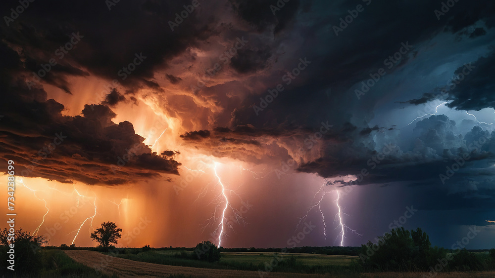 Lightning during a thunderstorm on a sunset background