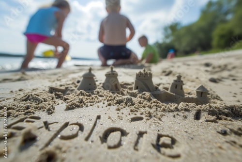 Children Playing on a Sandy Beach Building a Sandcastle with the Word 'Explore' – Symbolizing Playful Exploration and Summer Activities