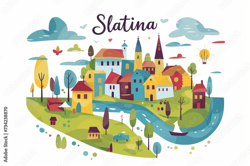 Playful and Colorful Illustration of Slatina, Emphasizing the Town's Charm and Vibrant Community Life - Perfect for Family Travel and Cultural Exploration