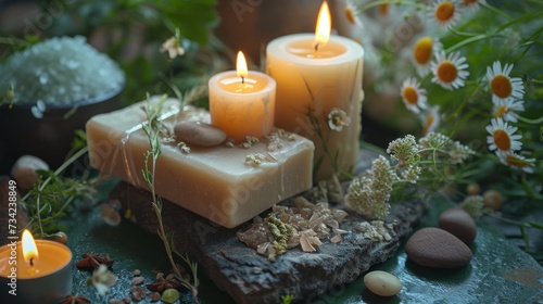  a couple of candles sitting on top of a piece of wood next to some rocks and a potted plant with flowers on top of a green surface next to it.