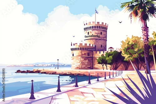 Sunny Illustration of Thessaloniki's White Tower by the Aegean Sea - Ideal for Greek Travel Guides and Mediterranean Lifestyle Features