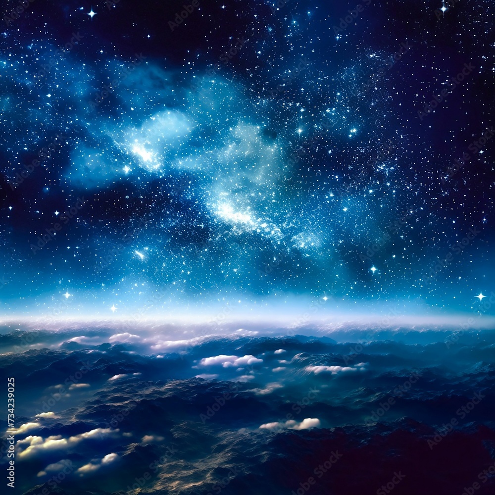 AI generated illustration of a starlit night sky with clouds over the hills