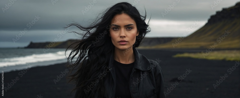 Most attractive beautiful woman in black dress on beach Most attractive beautiful woman in black dress on beach
