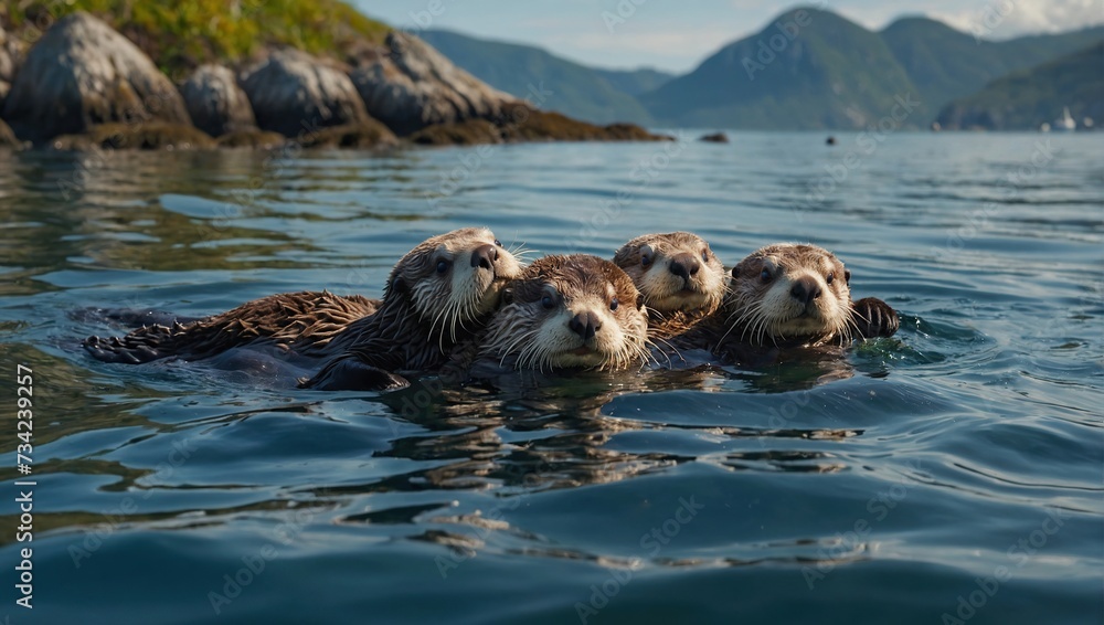 Depict adorable sea otters floating on their backs, cracking open shells, and playing in kelp forests along the coastline Depict adorable sea otters floating on their backs, cracking open shells, and playing in kelp forests along the coastline