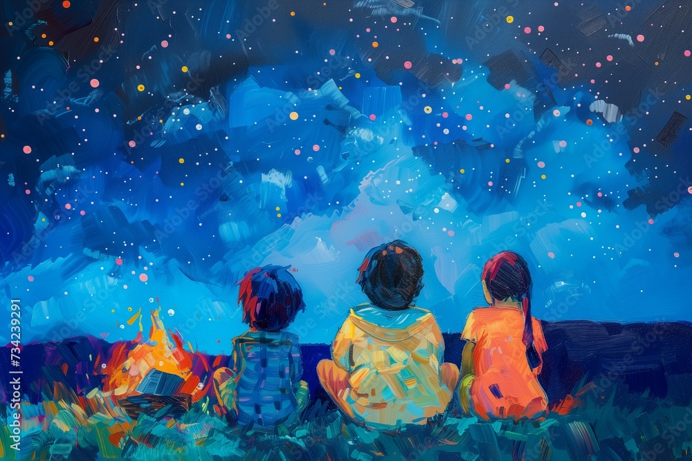 Magical Nighttime Adventure: Children Reading by Campfire Under Starry ...