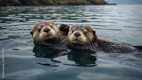Depict adorable sea otters floating on their backs, cracking open shells, and playing in kelp forests along the coastline