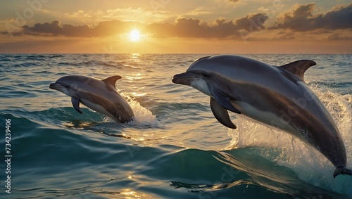 dolphins leaping and playing in the waves, with the golden sun setting on the horizon