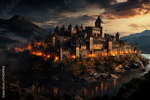 Medieval castle in the moonlight in romantic hill., generative IA © JONATAS