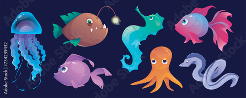 Underwater animals mega set in cartoon graphic design. Bundle elements of cute angler fish and other fishes, jellyfish, seahorse, octopus, swimming sea wildlife. Vector illustration isolated objects