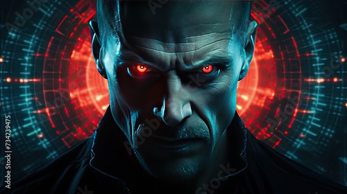 Portrait of a crazy villain with red eyes on a futuristic background. The face of an angry man is furious. photo