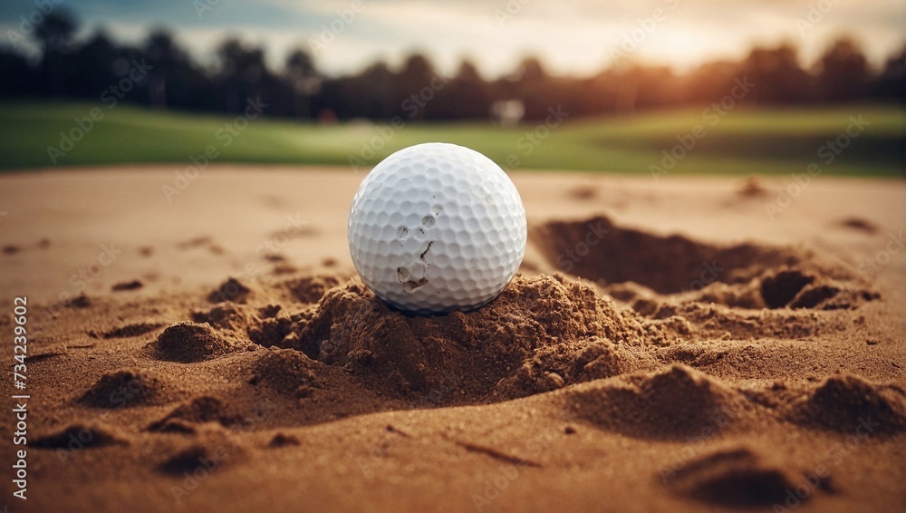 golf ball on sand pit - obrazy, fototapety, plakaty 