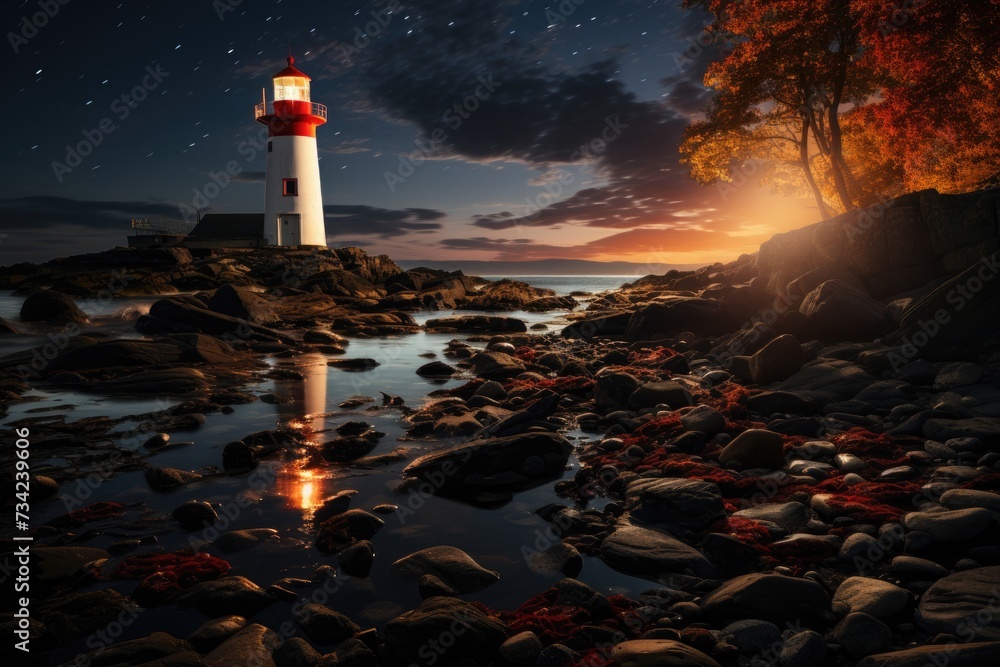 Lonely lighthouse illuminated by moonlight in a rocky peninsula by the sea., generative IA - obrazy, fototapety, plakaty 
