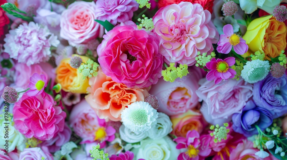 Vibrant Tapestry Of Multi-Colored Roses, Peonies, And Floral Blooms In Hues Of Pink, Purple, Orange Vibrant Tapestry Of Multi-Colored Roses, Peonies, And Floral Blooms In Hues Of Pink, Purple, Orange