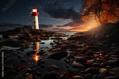 Lonely lighthouse illuminated by moonlight in a rocky peninsula by the sea., generative IA photo