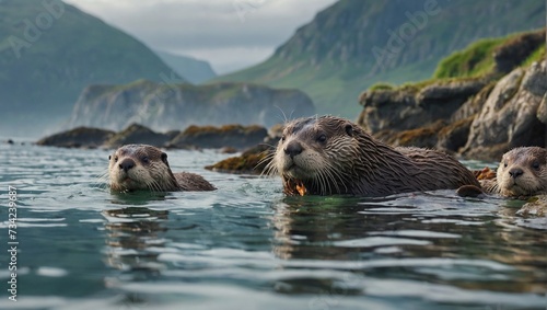  family of otters frolicking in the rock pools of a beach, with misty mountains in the background and puffins nesting in the cliffs photo