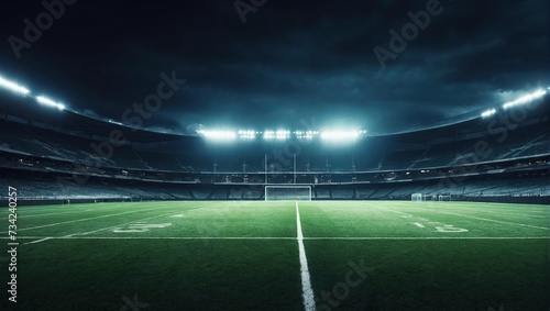  Football field illuminated by stadium lights