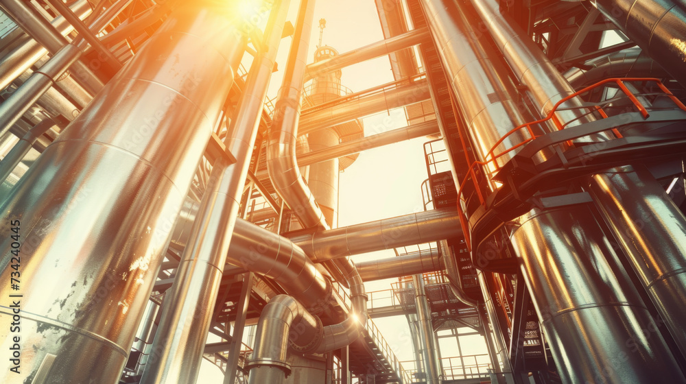 large industrial oil refinery with a complex network of pipes and distillation towers large industrial oil refinery with a complex network of pipes and distillation towers