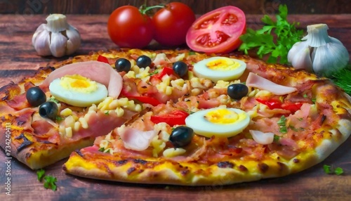 Pizza portuguesa com ovos cozidos, presunto, muçarela, cebola, azeitonas pretas, pimentão e molho de tomate. Comida rápida, pizzaria. Pizza no Brasil. photo