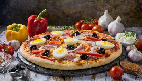 Pizza portuguesa com ovos cozidos, presunto, muçarela, cebola, azeitonas pretas, pimentão e molho de tomate. Comida rápida, pizzaria. Pizza no Brasil. photo