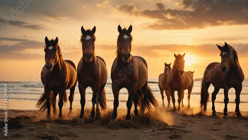 Free horses, left to nature at sunset on beach