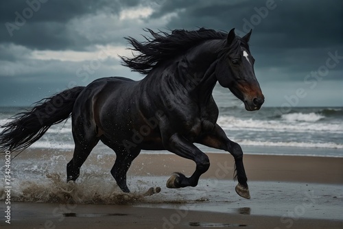  Galloping black horse on dark background on beach