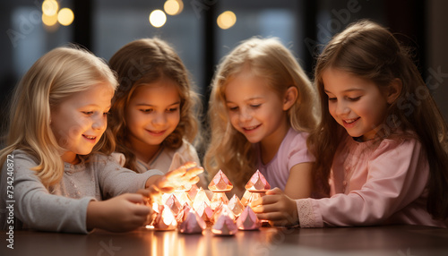 Smiling girls celebrate birthday, enjoying candle flame and friendship generated by AI