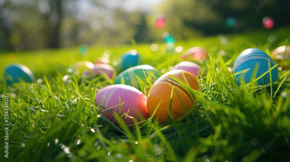 a close up of a bunch of eggs in a field of grass with the sun shining on the eggs and the grass is green and the grass is very soft. a close up of a bunch of eggs in a field of grass with the sun shining on the eggs and the grass is green and the grass is very soft.