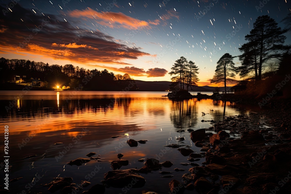 Sparkling meteors on serene night lake., generative IA