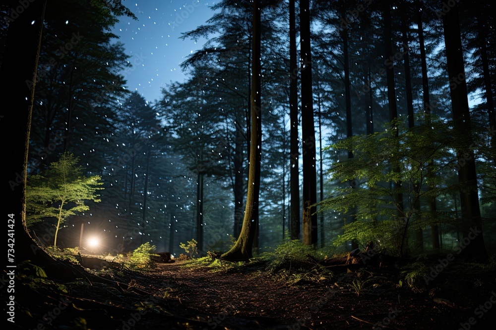Naklejka premium Bright meteors cross starry sky over serene trees., generative IA