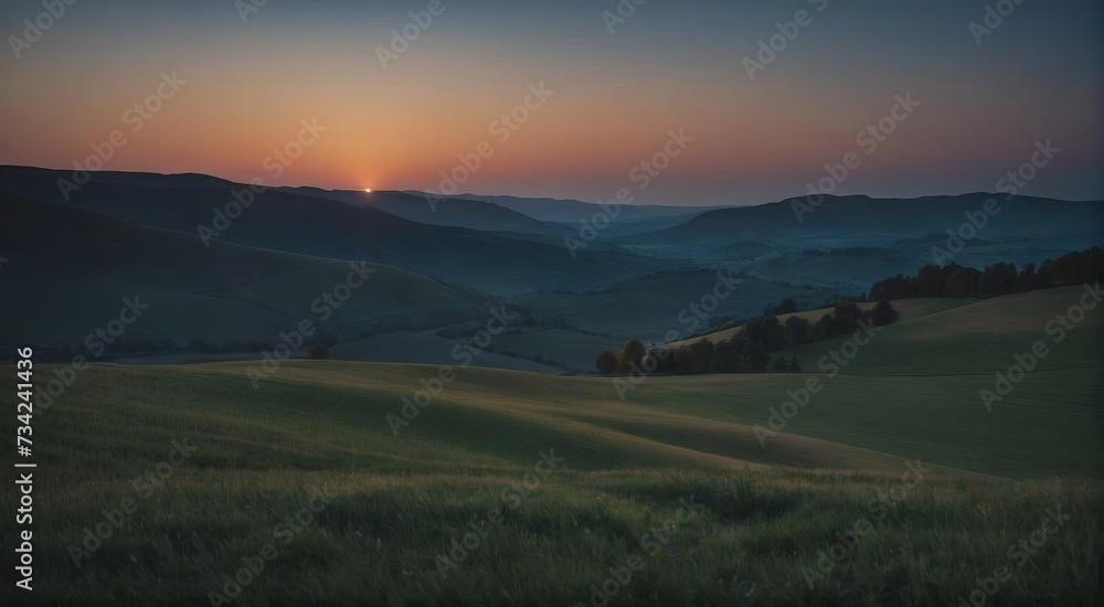 sunset over the hills in the countryside. Generative AI.