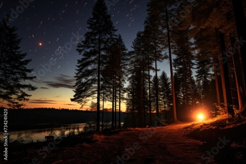 Bright meteors cross starry sky over serene trees., generative IA