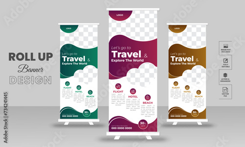 Travel Business agency Roll Up Banner Template presentation, vector layout for tour or travel vacation  purposes.