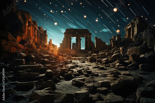 Meteor rain on old ruins creates magical sky., generative IA